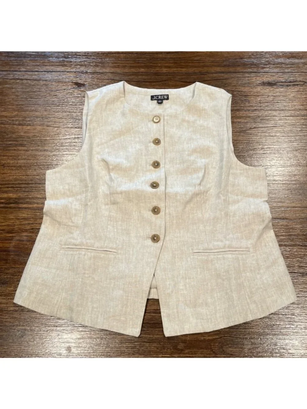 NWT Flawed J.Crew Linen Cutaway Vest Top Sz 16 Flax Beige Button Front Preppy